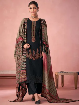 Black Pashmina Twill Embroidered Unstitched Winter Suit Set