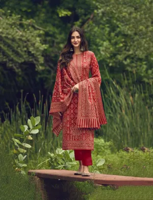 Handloom Weaving Red Pashmina Unstiched Winter Suit