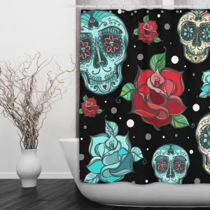 Teal Sugar Skull with Red Roses Shower Curtains and Optional Bath Mats